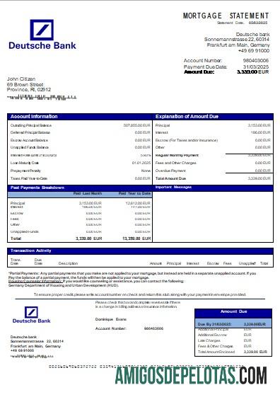 Declaração de hipoteca do Deutsche Bank da Alemanha Scr amostra